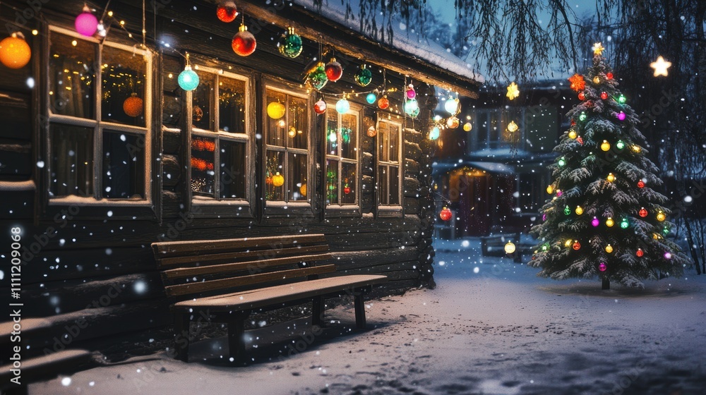 custom made wallpaper toronto digitalTraditional wooden izba in a snow-covered Russian village, decorated with colorful garlands, frosted windows, a sparkling Christmas tree, and wooden benches in the yard under falling snow.