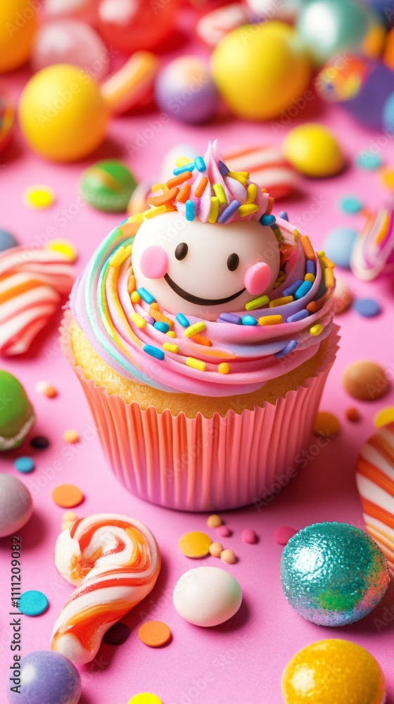 A cute cupcake with smiling frosting and sprinkles, surrounded by candy and sweets. A cute cupcake with smiling frosting and sprinkles, surrounded by candy and sweets.