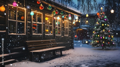 Wallpaper Mural Traditional wooden izba in a snow-covered Russian village, decorated with colorful garlands, frosted windows, a sparkling Christmas tree, and wooden benches in the yard under falling snow. Torontodigital.ca