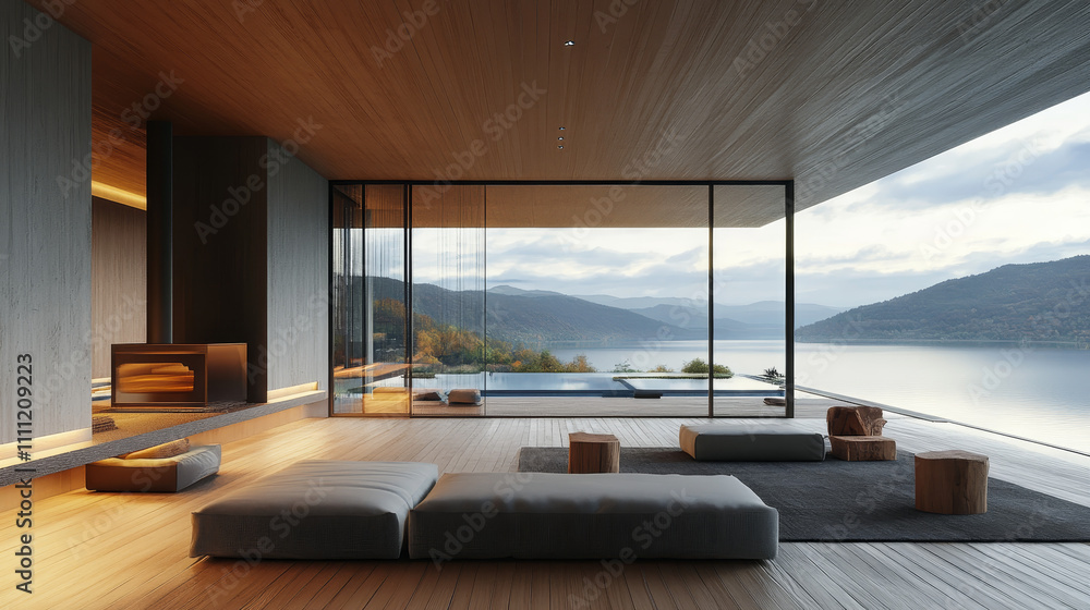 Fototapeta premium A 3D rendering of a large, minimalist living room in a modern house or luxury hotel.