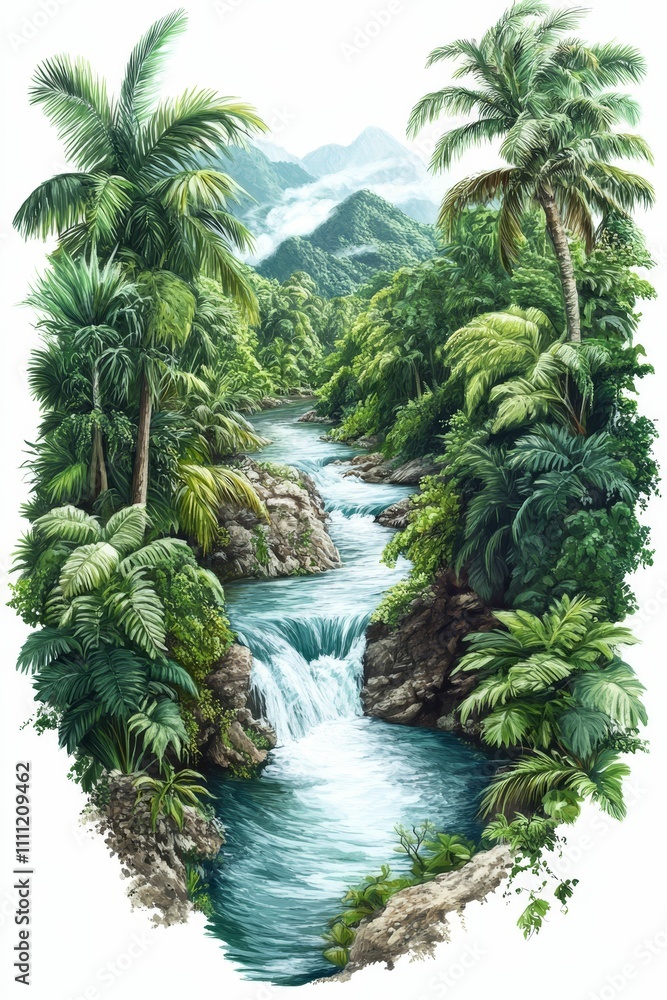 Lush jungle river flows, cascading waterfall. Lush jungle river flows, cascading waterfall.