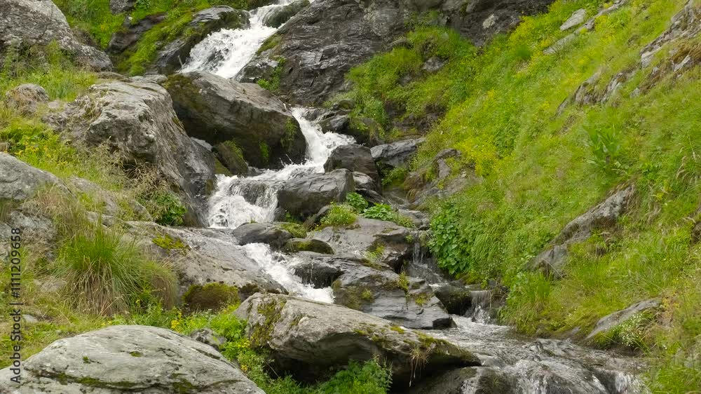 Water flows over rocky terrain in a mountain stream, surrounded by lush green grass and vibrant plants along the riverbanks, creating a serene and tranquil natural landscape Water flows over rocky terrain in a mountain stream, surrounded by lush green grass and vibrant plants along the riverbanks, creating a serene and tranquil natural landscape