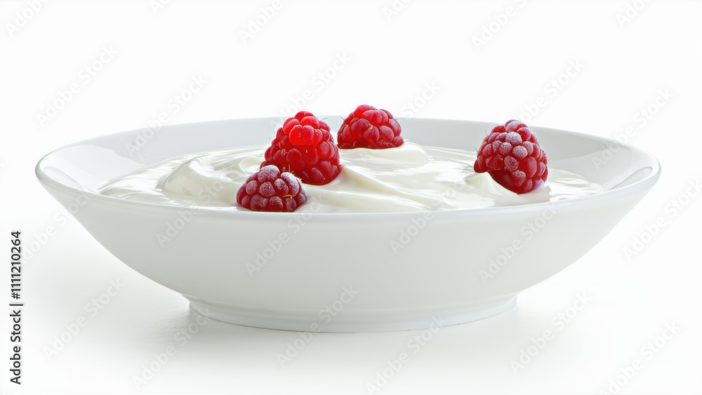 Bowl of yogurt with raspberries on top Bowl of yogurt with raspberries on top