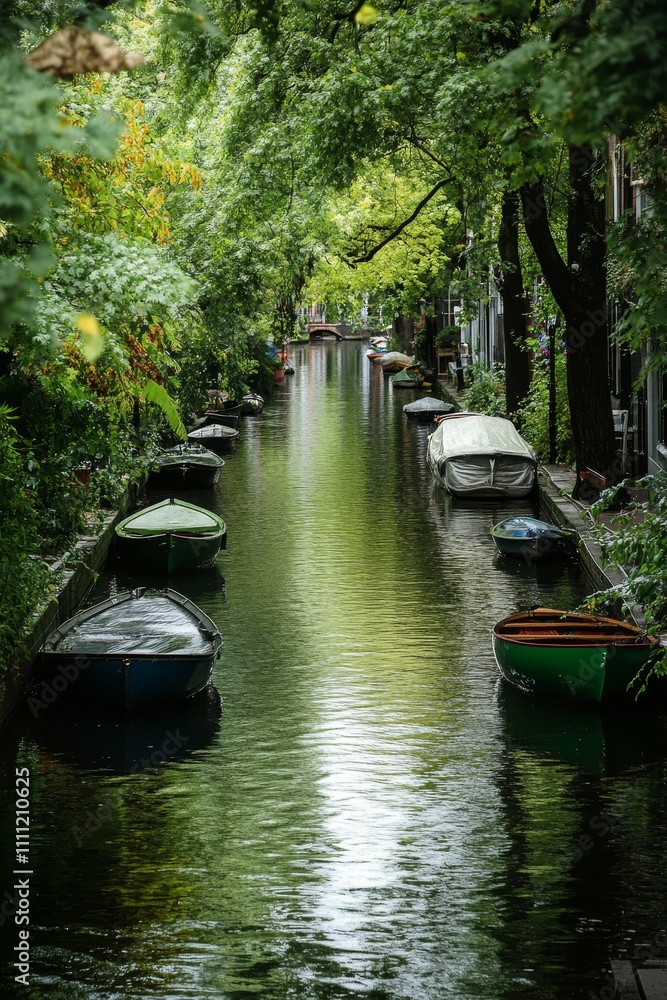Obraz premium Overgrown canal, moored boats, tranquil water.