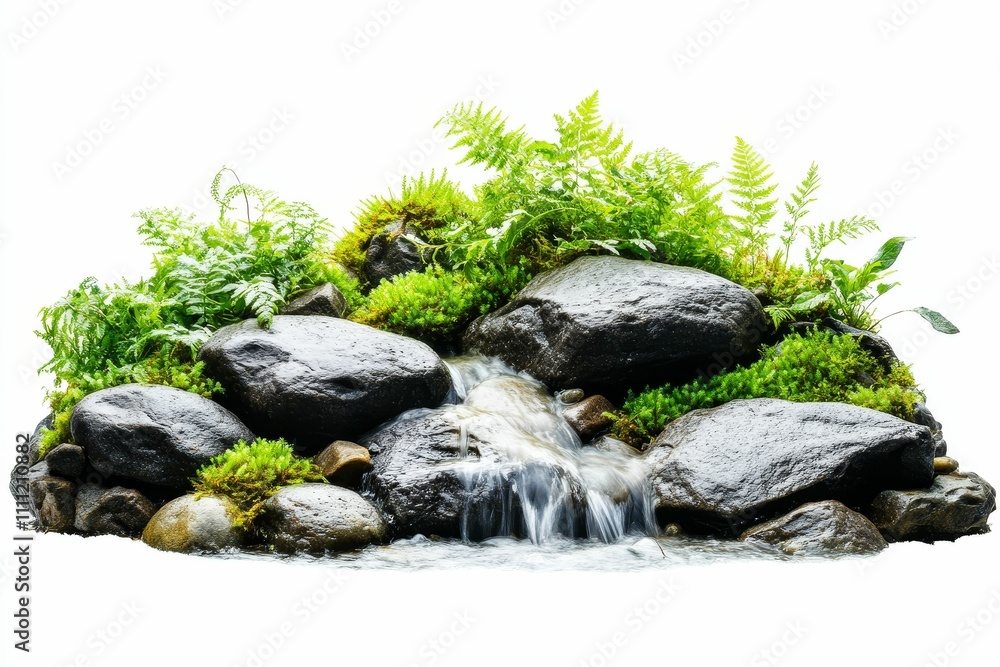 Miniature waterfall, rocks, lush green plants. Miniature waterfall, rocks, lush green plants.