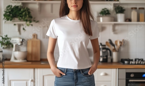 Young woman wearing white tshirt mockup and standing in home kitchen. Casual female outfit with empty front blank template of cotton clothes