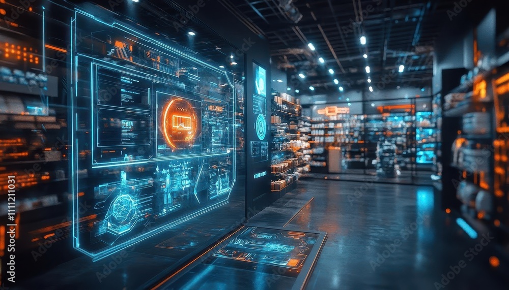 A glowing AR interface in a modern retail store showcasing virtual product tryons, filmlike depth of field A glowing AR interface in a modern retail store showcasing virtual product tryons, filmlike depth of field
