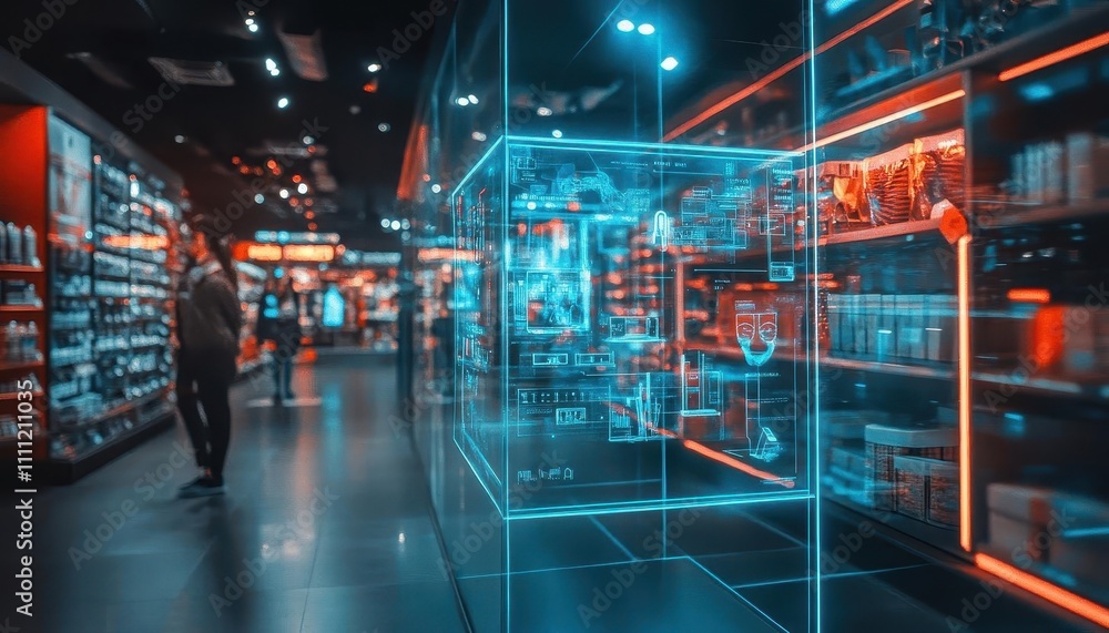 A glowing AR interface in a modern retail store showcasing virtual product tryons, filmlike depth of field A glowing AR interface in a modern retail store showcasing virtual product tryons, filmlike depth of field