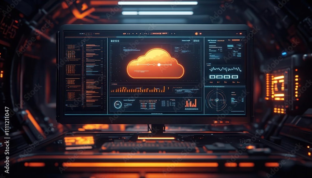 A glowing cloud security dashboard in a futuristic server room, warm cinematic lighting, and soft film textures A glowing cloud security dashboard in a futuristic server room, warm cinematic lighting, and soft film textures