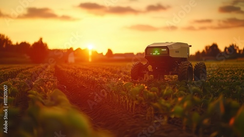 A glowing agricultural robot monitoring a serene farm field, goldenhour light and soft film textures