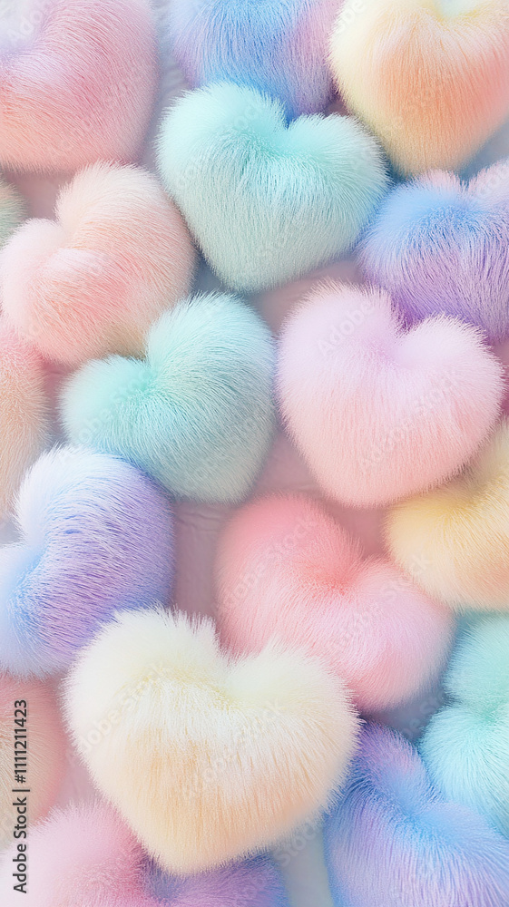 Pastel colored fluffy heart shaped pillows creating a cozy background Pastel colored fluffy heart shaped pillows creating a cozy background
