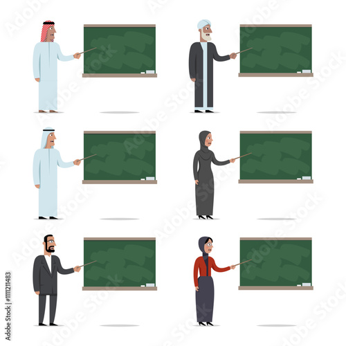 Set of the muslim teachers, explains the lesson by pointing to the board