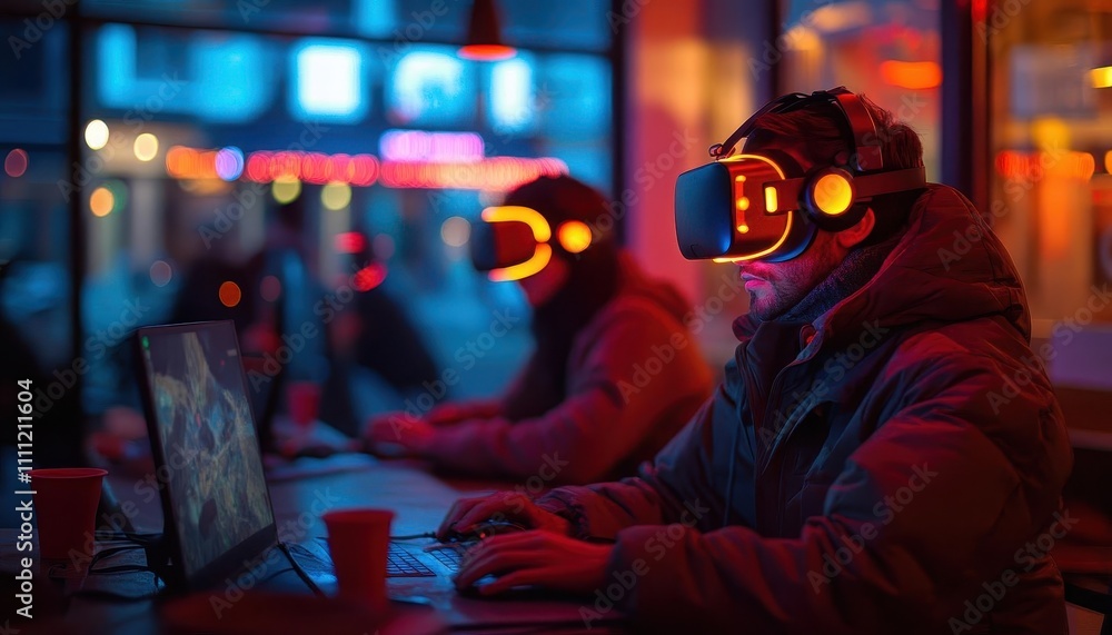 A group of friends playing VR games in a vibrant urban cafe, glowing headsets, cinematic depth of field A group of friends playing VR games in a vibrant urban cafe, glowing headsets, cinematic depth of field