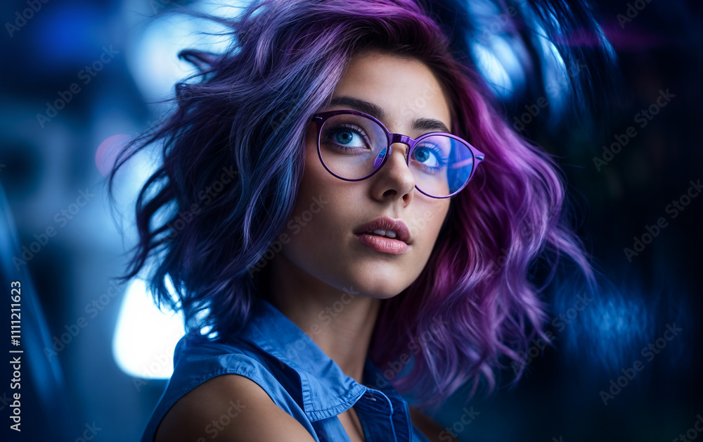 Young woman with purple hair and glasses posing in futuristic setting Young woman with purple hair and glasses posing in futuristic setting