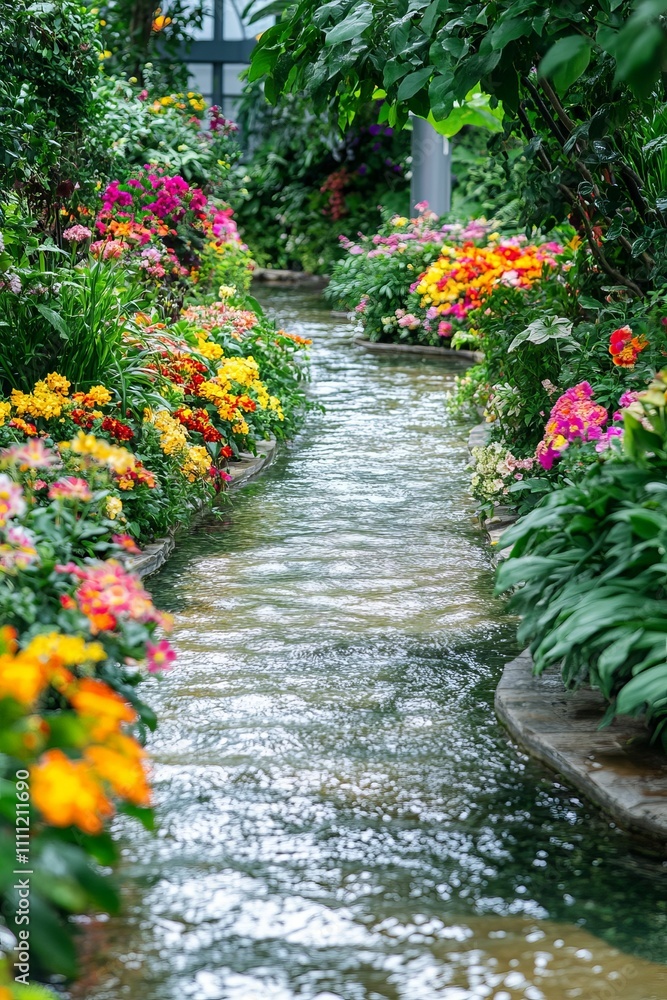 Obraz premium Colorful flowers line a tranquil stream.