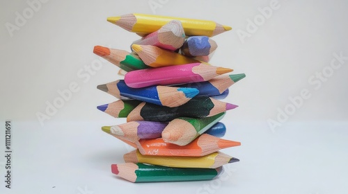 A neat stack of vibrant colored pencils on a clean white background.

 photo