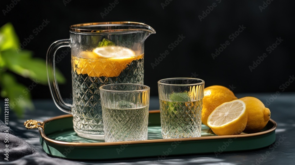Refreshing lemon water in glasses and pitcher on tray. Refreshing lemon water in glasses and pitcher on tray.