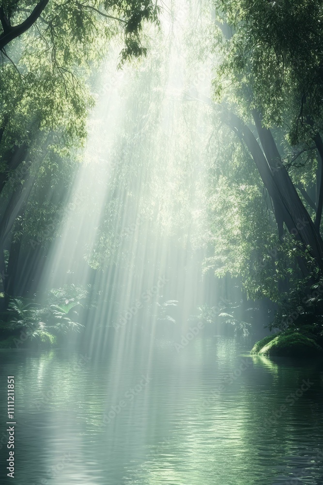 Sunlit, tranquil forest stream, misty, green. Sunlit, tranquil forest stream, misty, green.