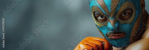 Luchador in vibrant teal mask with gold accents stares intently at viewer against gray backdrop. Mexican wrestling mask. Focus on facial expression conveys intensity, culture. Photo suitable for photo