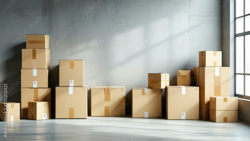 Boxes are stacked up in a room with a window Boxes are stacked up in a room with a window