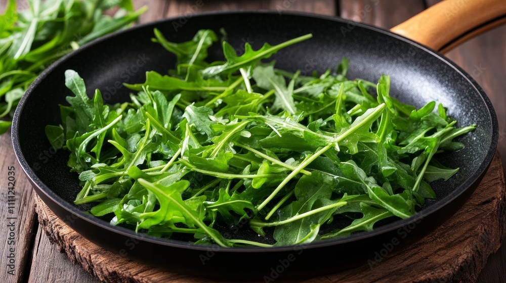 Fresh but slightly wilted arugula leaves arranged as a side for a steak dish.
Fresh but slightly wilted arugula leaves arranged as a side for a steak dish.