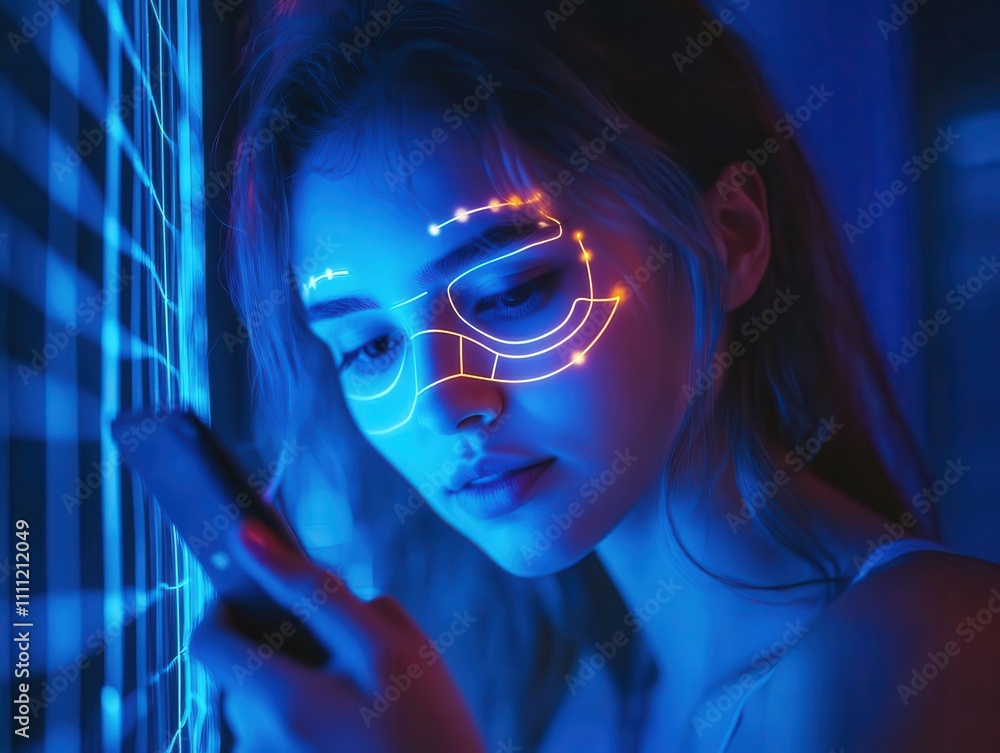A person using facial recognition to unlock a smart device in a dimly lit room, soft cinematic shadows A person using facial recognition to unlock a smart device in a dimly lit room, soft cinematic shadows