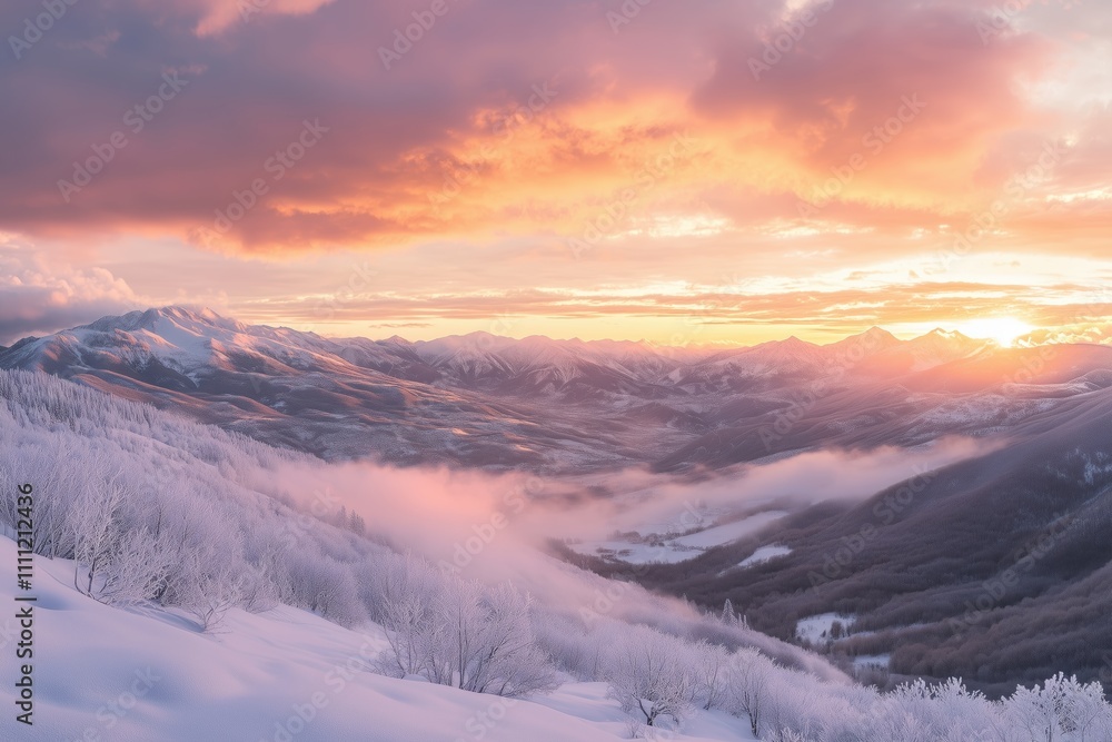 Sunrise over a snowy valley with pink clouds Sunrise over a snowy valley with pink clouds