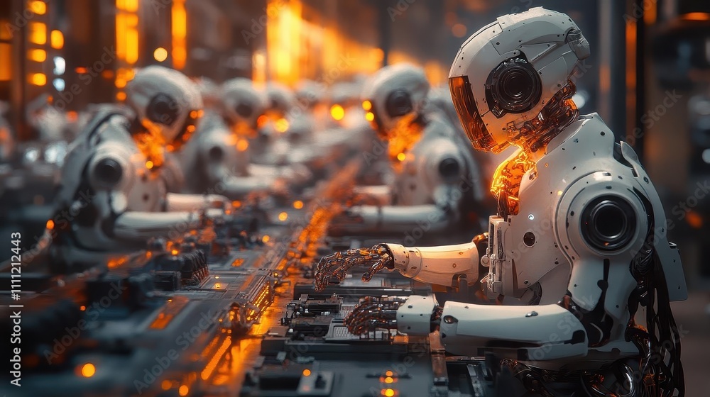 A robotic assembly line glowing with futuristic interfaces, warm cinematic tones, and soft natural shadows A robotic assembly line glowing with futuristic interfaces, warm cinematic tones, and soft natural shadows