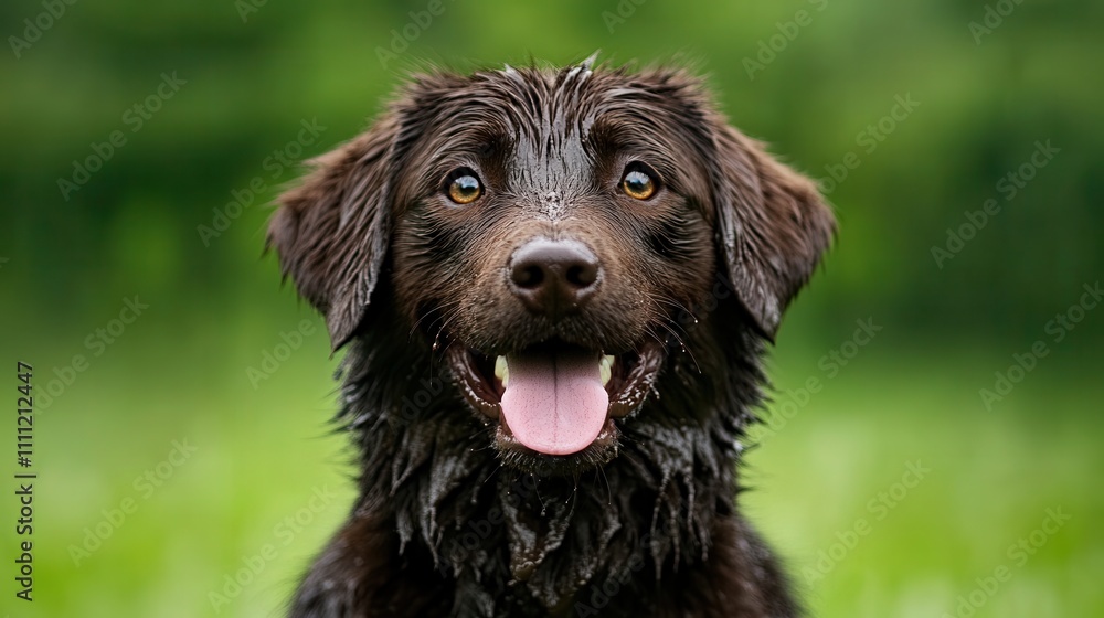a fluffy sheepdog with its tongue sticking out, giving a lopsided grin while covered in mud a fluffy sheepdog with its tongue sticking out, giving a lopsided grin while covered in mud