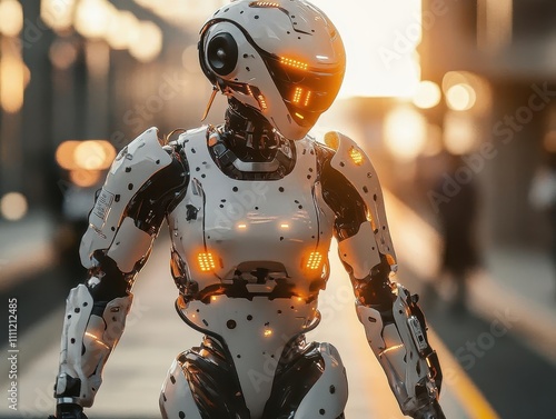 A robotic exoskeleton glowing softly as a user tests it in a sunny industrial setting, filmlike focus photo