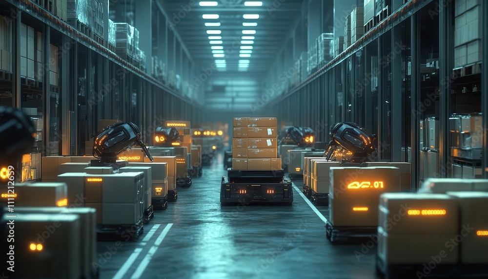 A robotic warehouse automation scene with glowing robots sorting packages, cinematic depth, and natural light A robotic warehouse automation scene with glowing robots sorting packages, cinematic depth, and natural light