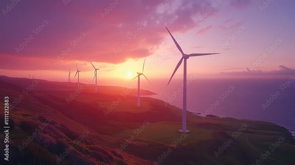 A serene coastal wind farm where IoTenabled turbines glow softly under cinematic sunset tones A serene coastal wind farm where IoTenabled turbines glow softly under cinematic sunset tones