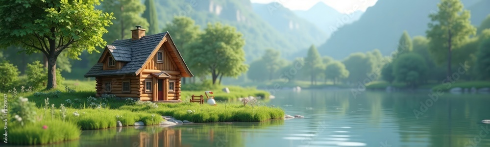 Serene wooden cabin sits beside calm river. Green plants surrounds house. Peaceful landscape. Ideal for retreat relaxing vacation. Scenic riverbank setting. Rustic charm. Tranquil nature. Home by Serene wooden cabin sits beside calm river. Green plants surrounds house. Peaceful landscape. Ideal for retreat relaxing vacation. Scenic riverbank setting. Rustic charm. Tranquil nature. Home by