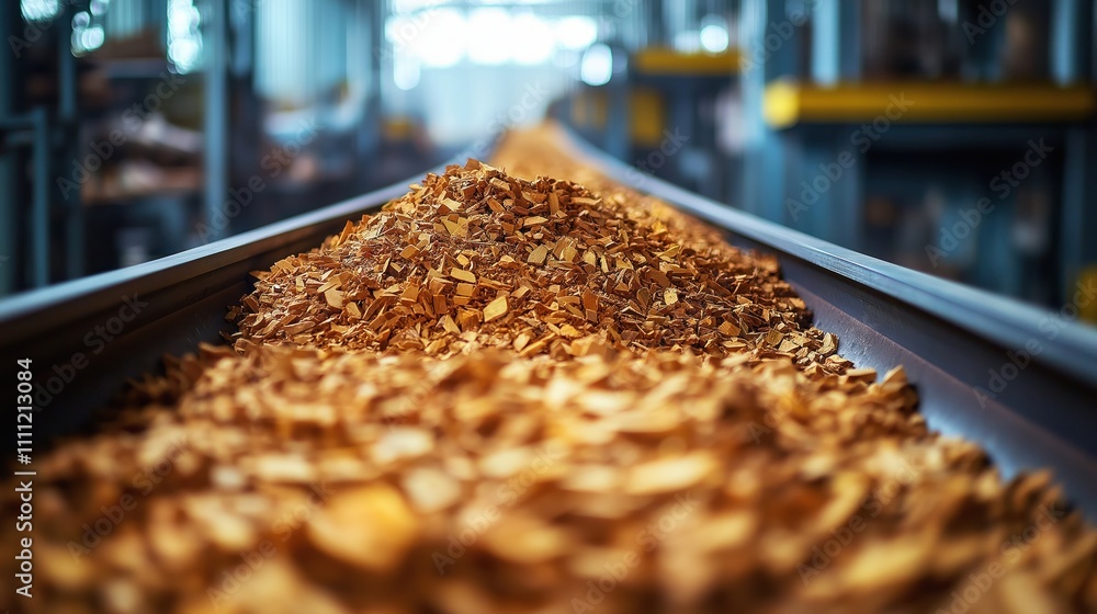Close-up view of raw biomass materials like wood chips, agricultural waste on conveyor belt system inside processing plant. Conveyor belt transports materials to next processing stage in plant. Close-up view of raw biomass materials like wood chips, agricultural waste on conveyor belt system inside processing plant. Conveyor belt transports materials to next processing stage in plant.