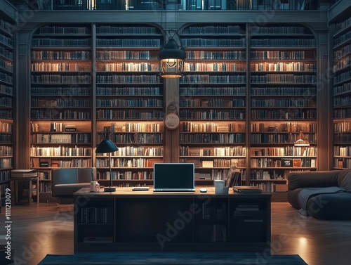 A serene library where predictive analytics tools glow softly on a sleek laptop, soft natural light, filmlike textures photo