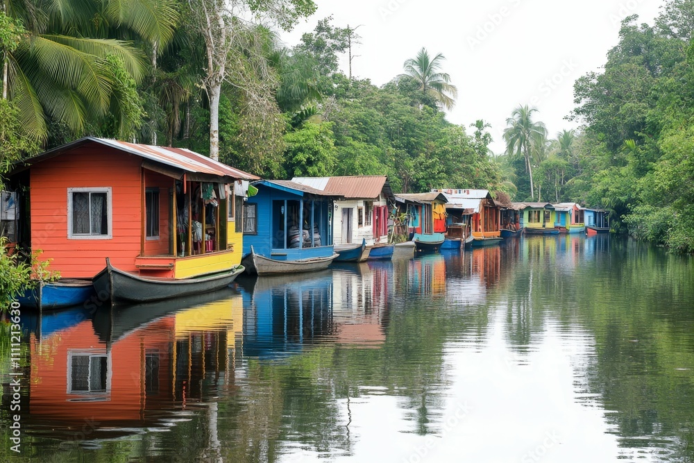 Colorful houses on water, lush green foliage. Colorful houses on water, lush green foliage.