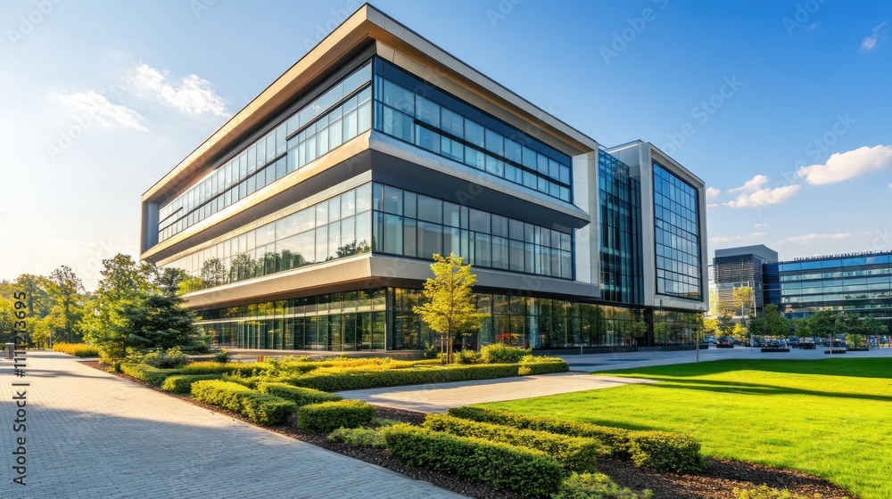Modern glass office building with landscaped grounds. (1) Modern glass office building with landscaped grounds. (1)