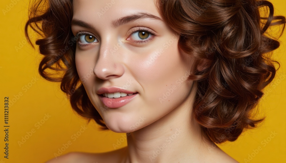 Close-up portrait of young woman with beautiful healthy skin, soft brown curly hair. Light hazel eyes, soft smile. Expression serene, inviting. Background vibrant yellow. Studio shot beauty, Close-up portrait of young woman with beautiful healthy skin, soft brown curly hair. Light hazel eyes, soft smile. Expression serene, inviting. Background vibrant yellow. Studio shot beauty,