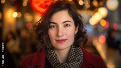 A woman smiles radiantly in a warm, inviting café filled with Valentine's Day decorations