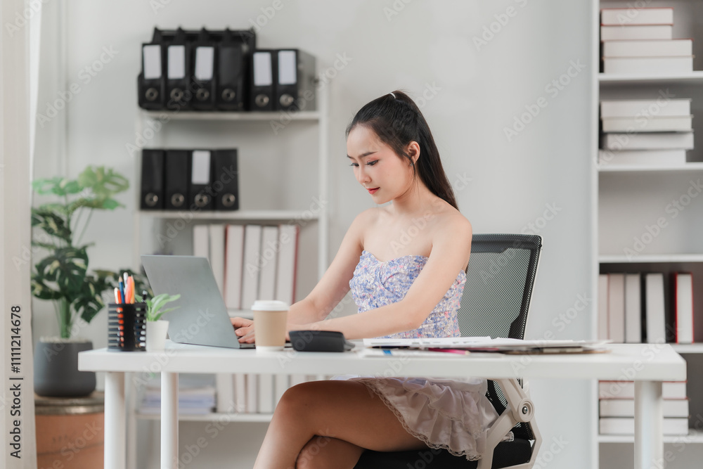 Focused and Ready: A young woman in a floral dress, working diligently at her laptop in a well-organized office. She's focused on her task, with a cup of coffee nearby. Focused and Ready: A young woman in a floral dress, working diligently at her laptop in a well-organized office. She's focused on her task, with a cup of coffee nearby.