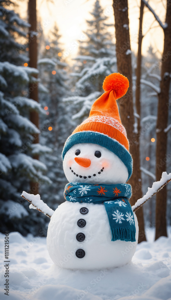 Snowy Forest Snowman: A cheerful snowman with an orange and blue hat and scarf stands proudly in a snowy forest, basking in the warm glow of the winter sun. The image evokes feelings of warmth, joy. Snowy Forest Snowman: A cheerful snowman with an orange and blue hat and scarf stands proudly in a snowy forest, basking in the warm glow of the winter sun. The image evokes feelings of warmth, joy.