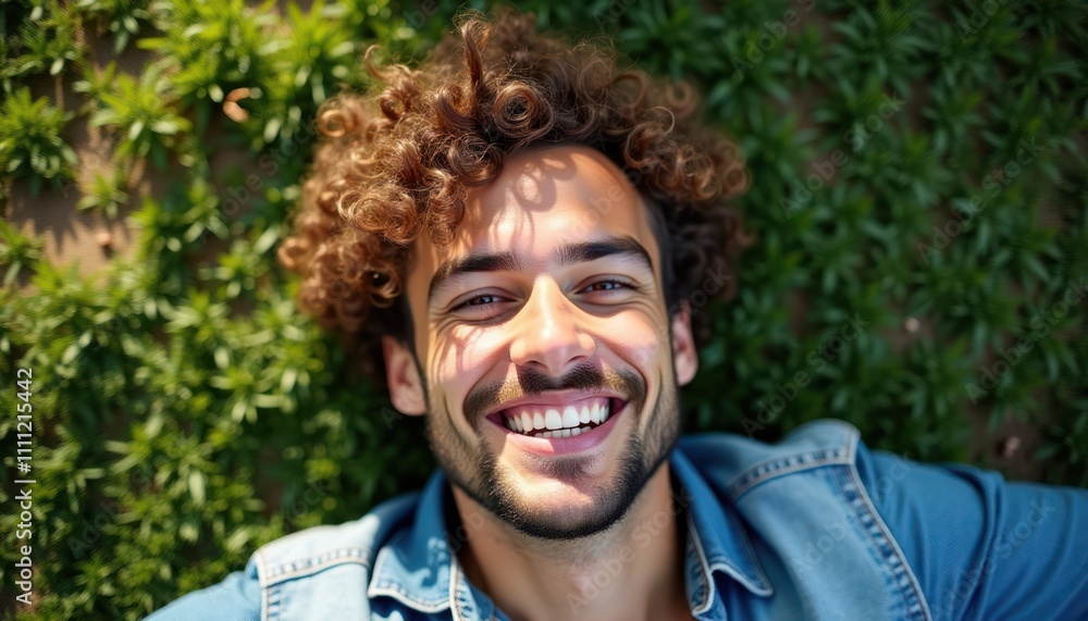Cheerful man with curly hair smiles broadly lying on rich green grass bathed in sunlight. Appears relaxed, content enjoying peaceful moment outdoors. Man happily laying on ground during sunny day. Cheerful man with curly hair smiles broadly lying on rich green grass bathed in sunlight. Appears relaxed, content enjoying peaceful moment outdoors. Man happily laying on ground during sunny day.
