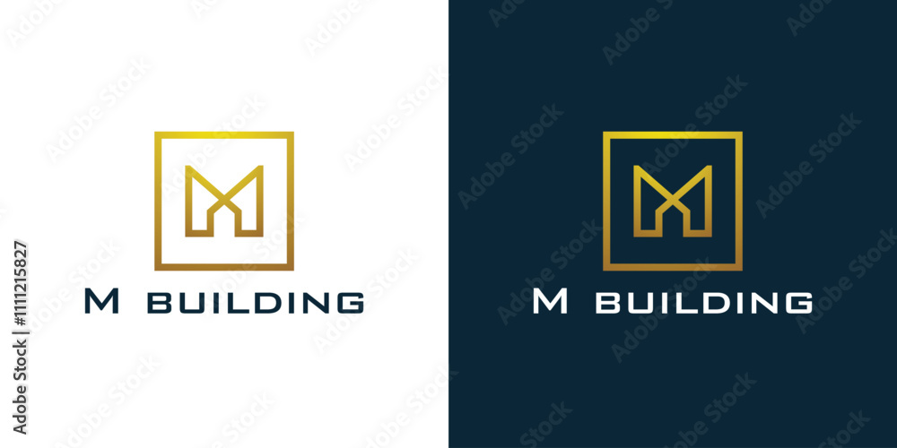 Luxury building logo with the initials M in a rectangle, luxury building logo, simple building logo, golden building logo Luxury building logo with the initials M in a rectangle, luxury building logo, simple building logo, golden building logo