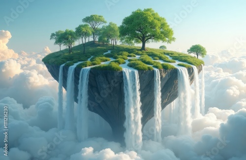 Floating island with waterfalls. Green vegetation. Waterfalls cascade from cliff face. Tranquil scene. Natural beauty. Surreal island in clouds. Sky filled with clouds. Peaceful atmosphere. Imaginary photo