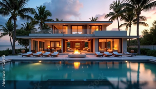 Luxury beachfront villa at sunset. Infinity pool reflects warm evening sky. Palm trees surround modern elegant home. Outdoor living area with comfortable lounge chairs. Cozy fireplace  ocean views.