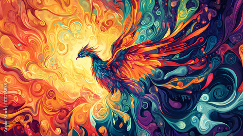 Illustration of a majestic phoenix rising, its feathers ablaze with a stunning array of colors. Phoenix. Illustration