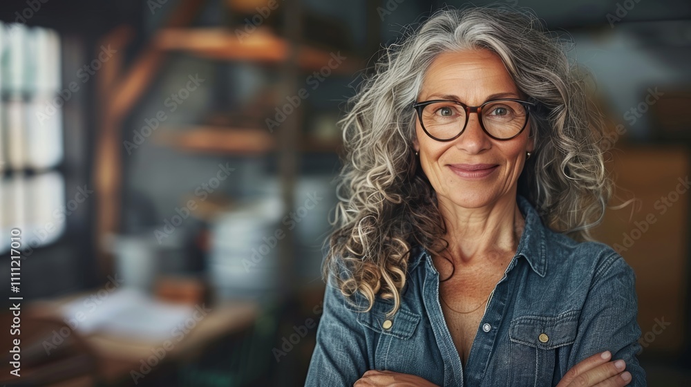 Fototapeta premium Confident senior businesswoman in modern office setting, smiling and engaging with the camera