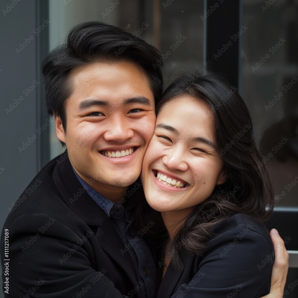 A happy Asian couple embraces, sharing smiles and love during Valentine's Day in a cozy urban environment