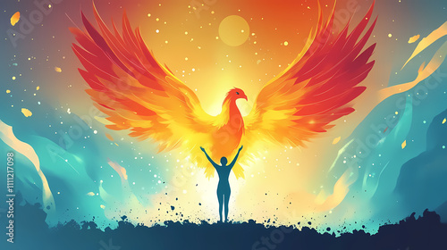 Fototapeta Naklejka Na Ścianę i Meble -  Motivation depicted as a phoenix rising from ashes of past failures, person embracing transformation. Phoenix. Illustration