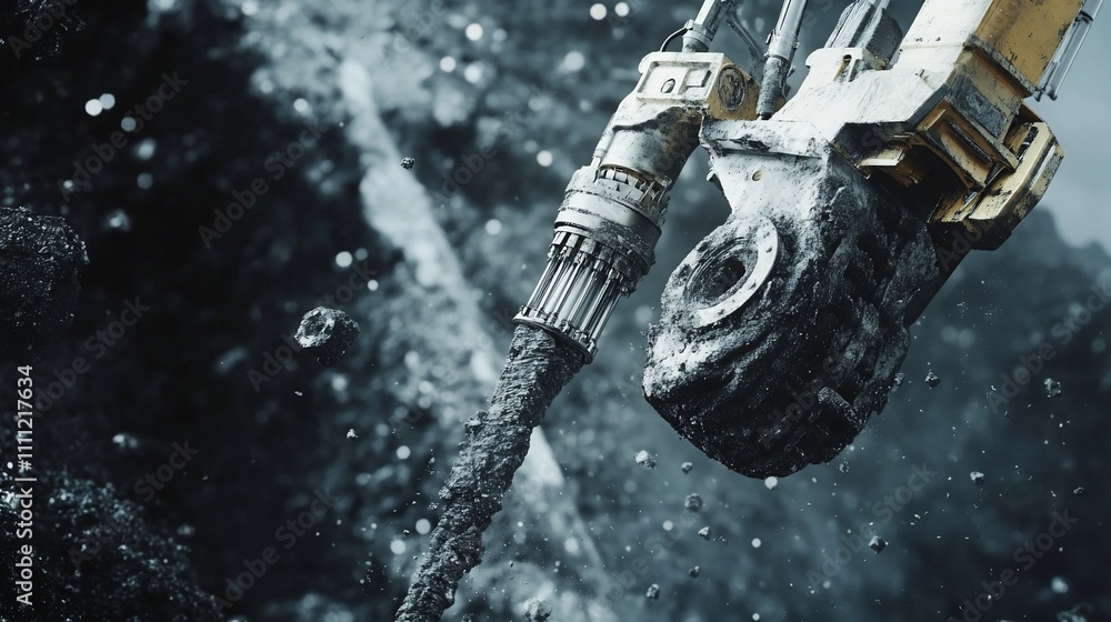 Close-up of an excavator's drill working through soil and debris. Close-up of an excavator's drill working through soil and debris.